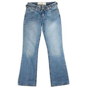 Y2K Mudd Women's Low Rise Flare Jeans Size 7 Blue Rhinestone Belted 00s